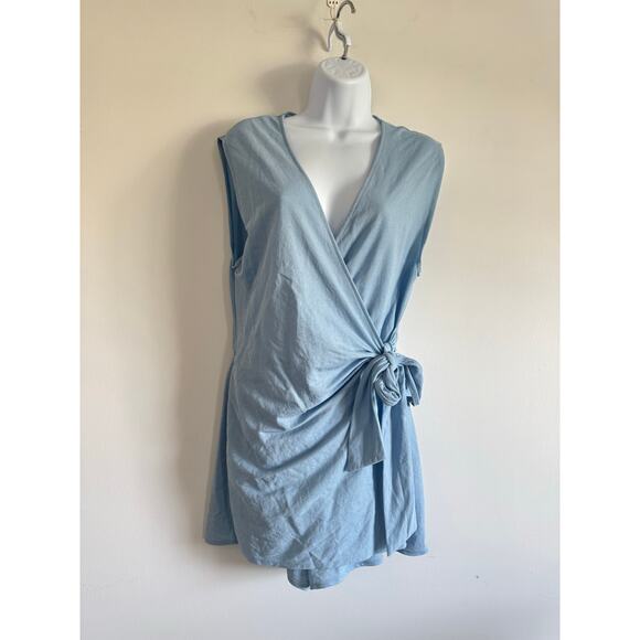 ZARA Blue Wrap Romper Size L Sleeveless V-Neck Tie Waist Soft Lightweight Casual - Picture 1 of 8